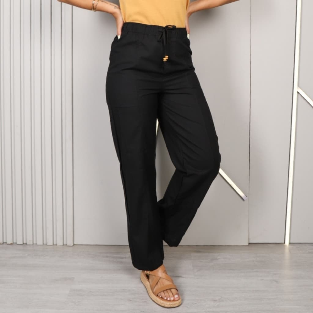 Calça Feminina de Linho Reta Cós Elástico Cintura Alta Com Elastano Slouchy Reta Solta Pantalona