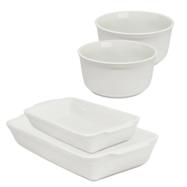 Kit Jogo 2 Cumbucas Porcelana Brancas 470ml + Travessa 720ml + Travessa 420ml