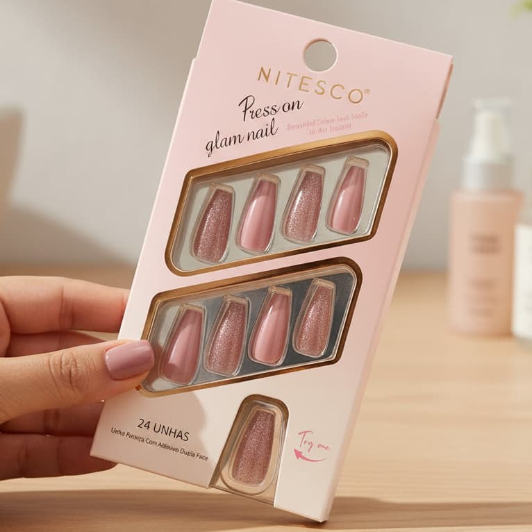 Unhas Postiças Nitesco Lisa Cor Nude Alto Brilho e gliter kit 24 unhas acompanha adesivo dupla face