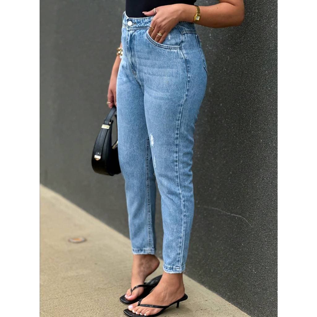 Anaoffice 8310 Calça Jeans Feminina  Mom Calca Com Bolsa com rasgo 8310