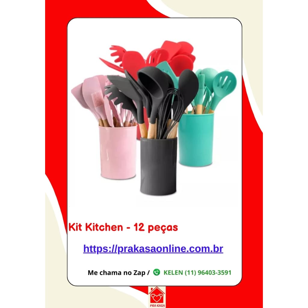 Kit Jogo de Cozinha Silicone, Utensílios e Copo Suporte para Cozinheiro Cabo de Madeira