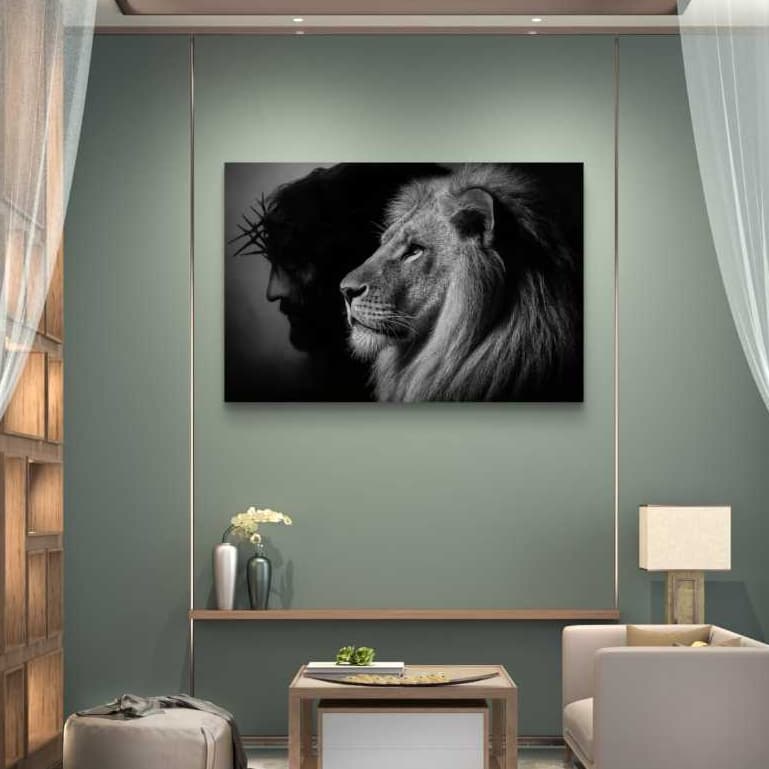 Quadro Decorativo Para Sala Leão da Tribo de Juda com Jesus Cristo em Preto e Branco Tela acetinada