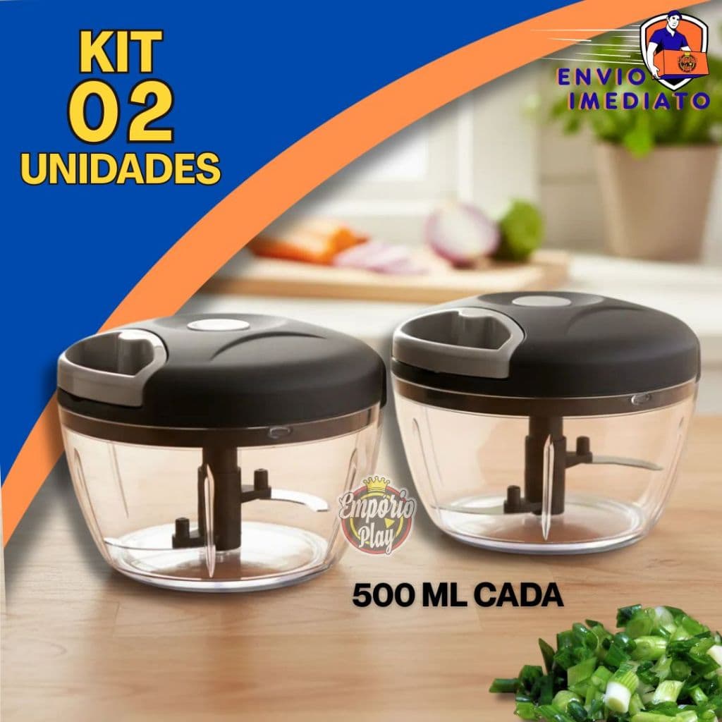 Kit 2 Processador de Alimentos Triturador 3 Laminas 500ml Alho legumes Carne Salada Original
