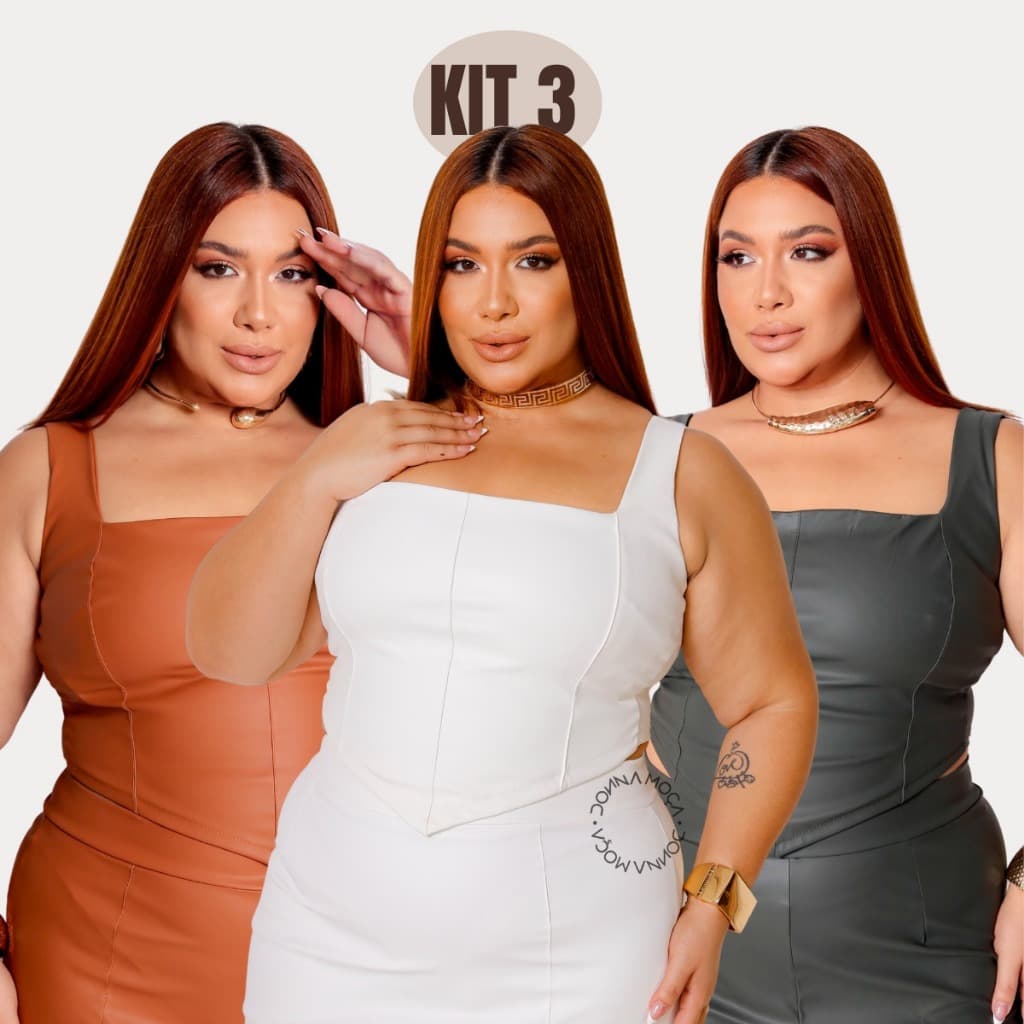 Kit 3 Blusinha Regata Corset Couro Plus Size Top -mavie