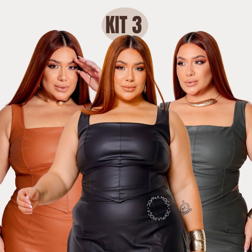 Kit 3 Cropped Corset Plus Size Couro Regata Moda Xg - Mavie