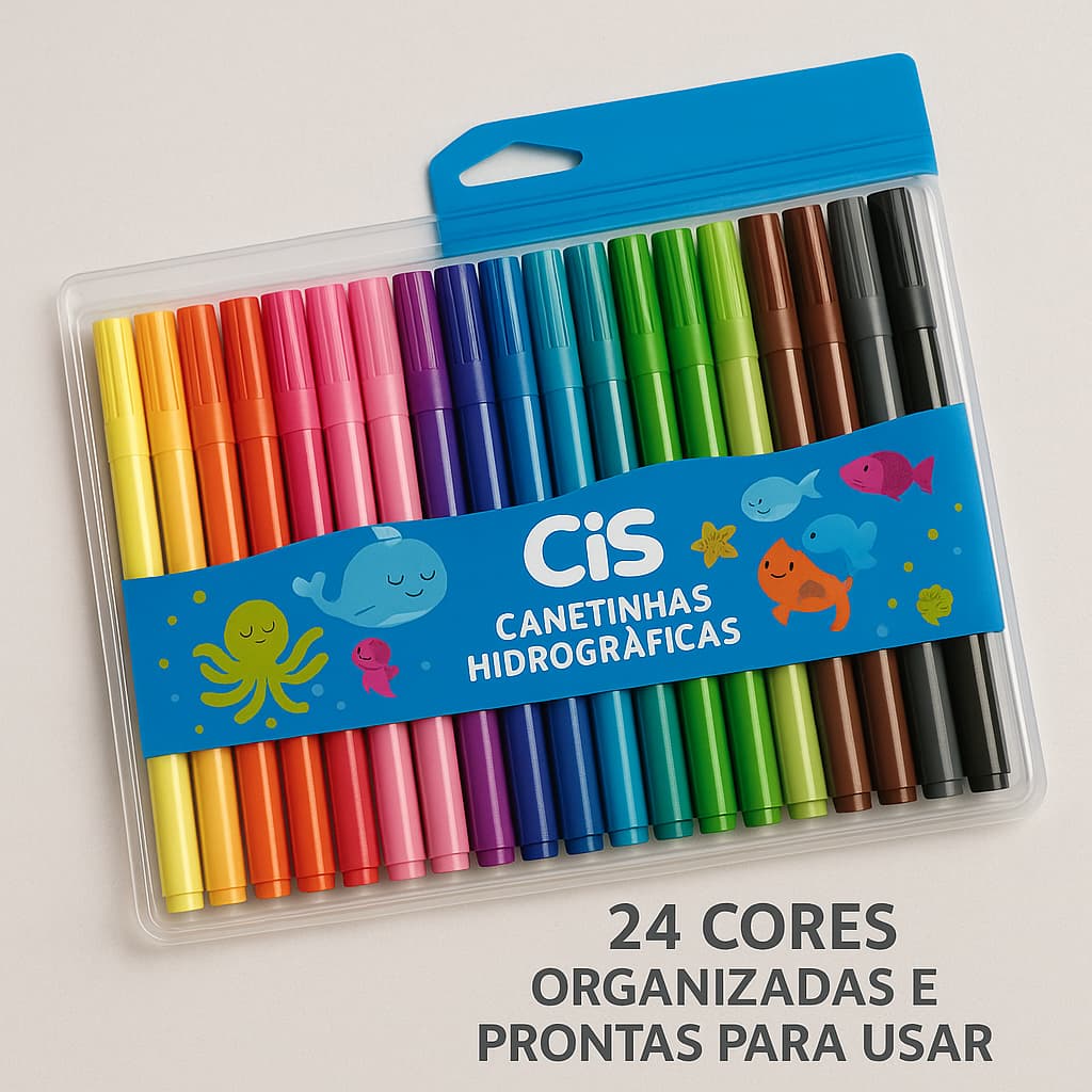 Canetinha Infantil Hidrocor Escolar  24 Cores Lavável Grip Sextavado Ponta Resistente Lavável