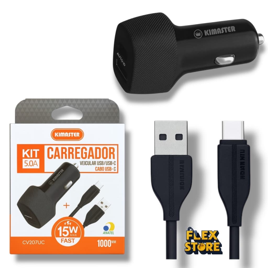 Kit Carregador Veicular Kimaster CV207UC 15W Fast 2 saidas + Cabo Tipo-C 1M 5A