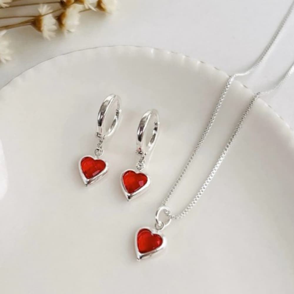 Conjunto Coração Zircônia Prata 925 Vermelho Ponto de Luz