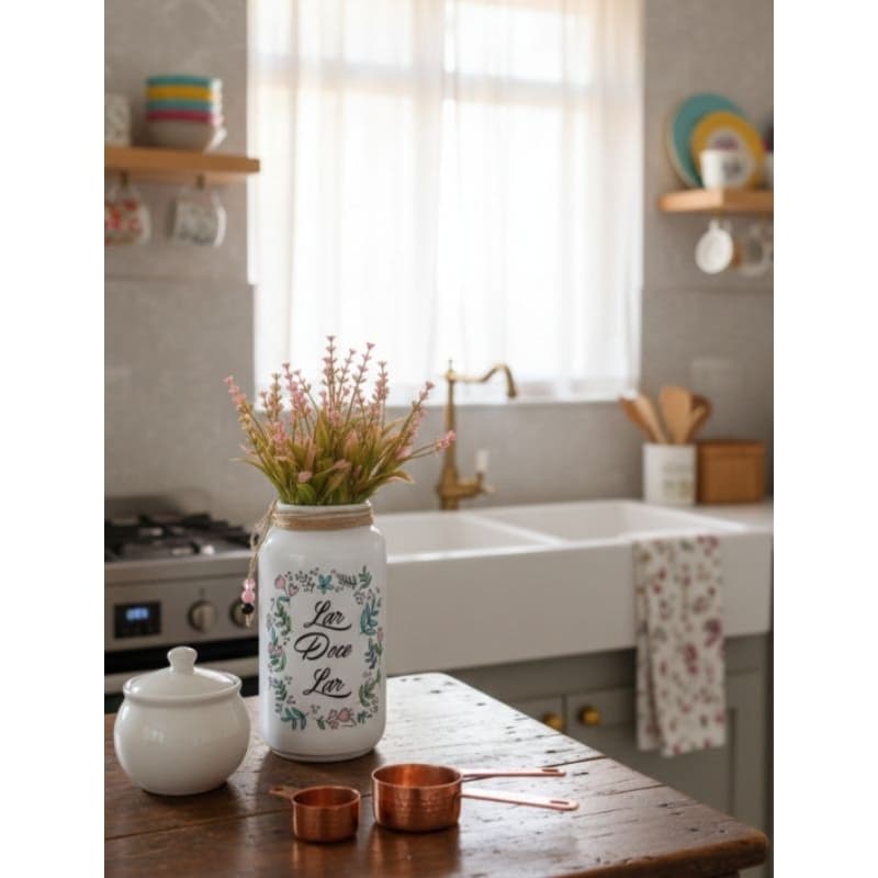 Vaso Decorativo Lar Doce Lar com Flores Artificiais | Pote de Vidro Rústico