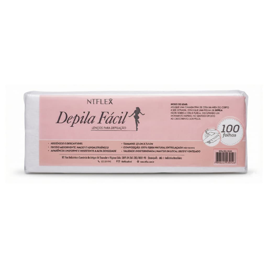Lenços Para Depilação Depila Fácil Profissional 100 Folhas Ntflex – 23 cm x 7,4 cm Resistente