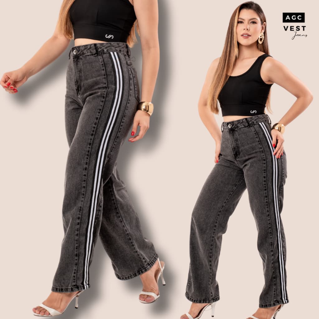Calça Jeans Feminina Wide Leg Listra Lateral Preta Moda Urbana AGC VEST Envio Imediato