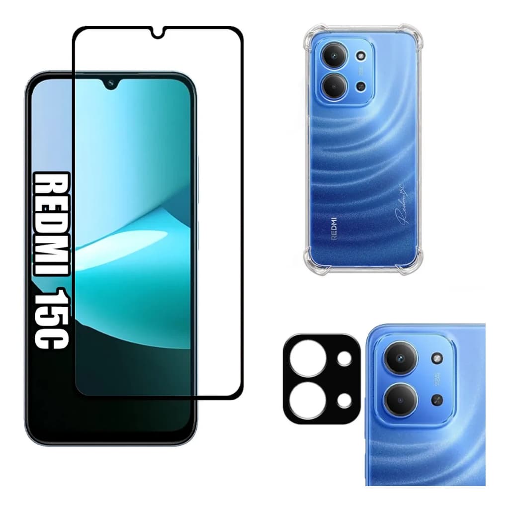 KIt Pelicula Vidro 3D Xiaomi Redmi 15C + Capa Capinha Anti Shock + Pelicula Camera 3D