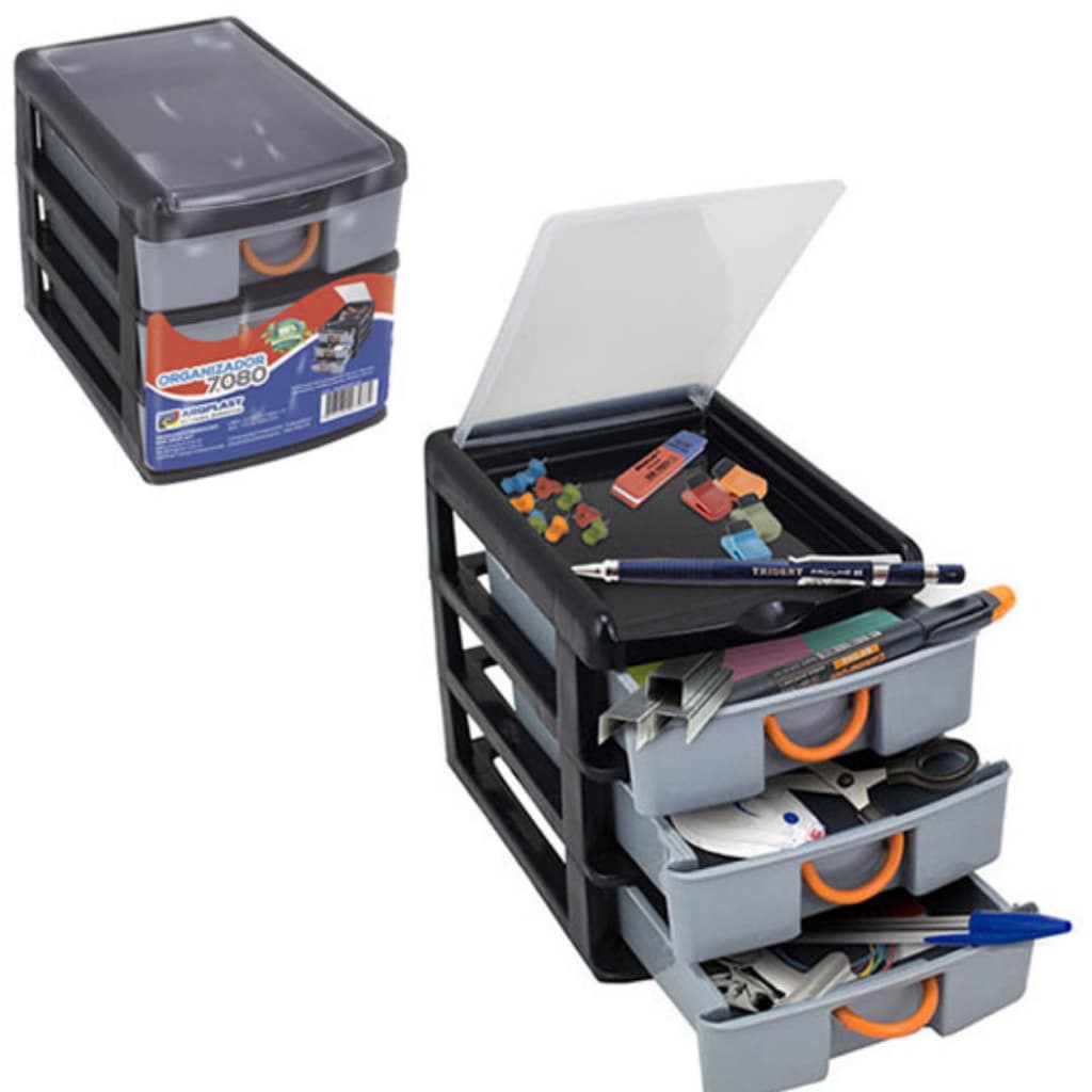 Gaveteiro Organizador 3 Gavetas Multiuso, Plástico, 19,5x16x13 cm