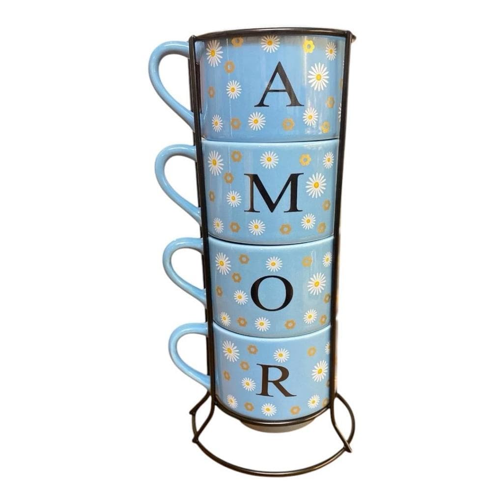 Kit Jogo 4 Xicaras Empilhadas Azul Amor Café Chá Suporte