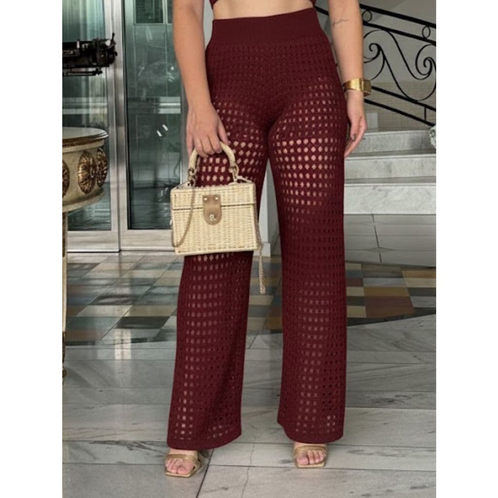 Calça Saída de Praia Piscina Feminina em Tricot Vazado Flare Tricô Verão