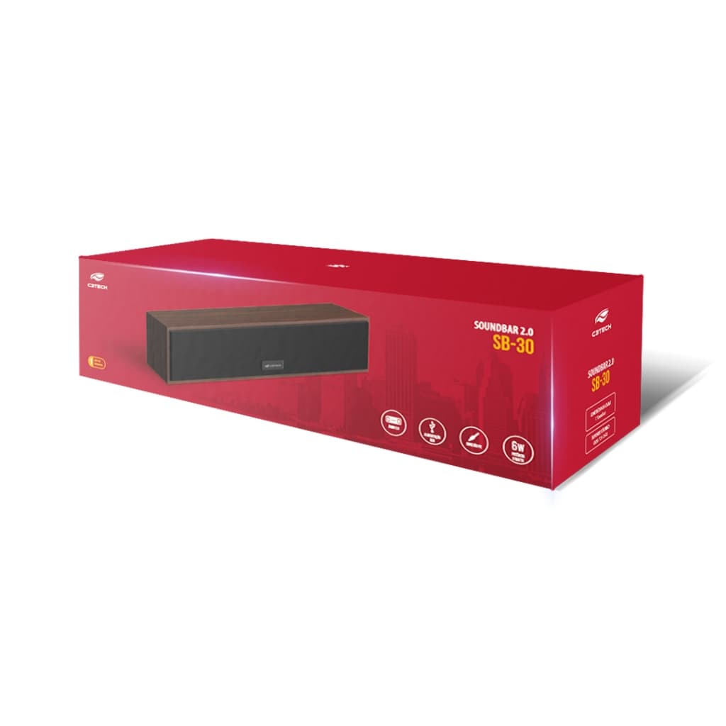 SoundBar C3Tech SB-30BW 6W Estilo Retro Acabamento de Madeira Audio 2.0 USB Conexao Audio p2 3,5mm