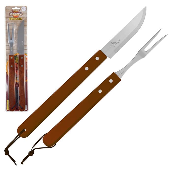 Kit Churrasco Art House Faca E Garfo Inox Cabo De Madeira