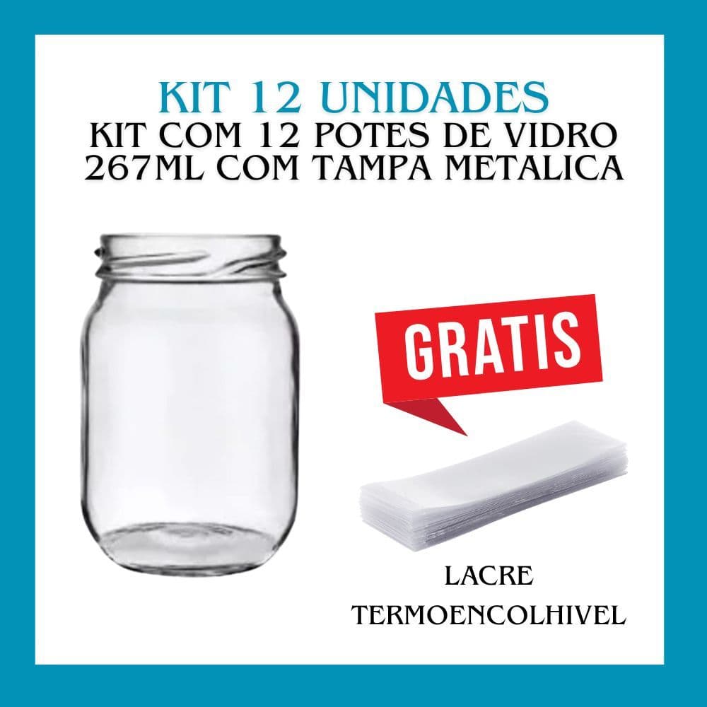 Kit 12 Potes De Vidro Conserva 267ml - Com Tampa e Lacre - Geleia, Bolo De Pote, Salada de Pote, Mel