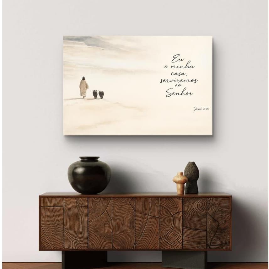 Quadro Jesus com Ovelhas – Eu e Minha Casa Serviremos ao Senhor – Arte Cristã – Decoração Religiosa