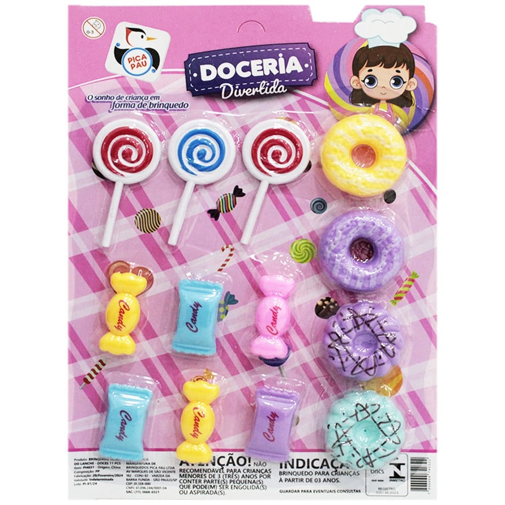 Kit Cozinha Infantil Com Donuts + Pirulito E Bala Doceria Divertida13 Pçs