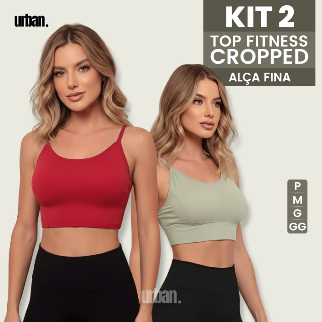 Kit 2 Top Sutiã Cropped em Poliamida Canelado Bojo Removível Alça Regulável