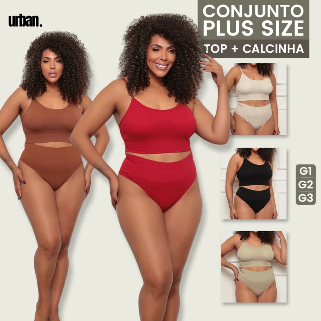 Conjunto Plus Size Top Cropped Com Bojo Removível e Calcinha Fio Cintura Alta Confortável