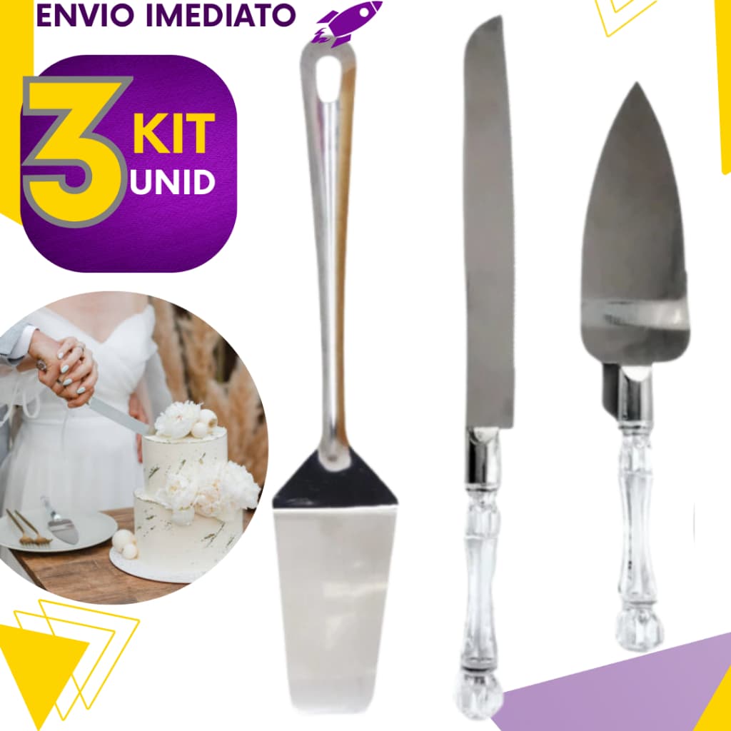 3 ou 1 - Conjunto Faca e Espátula para Bolo e Torta Aço Inox e Acrílico