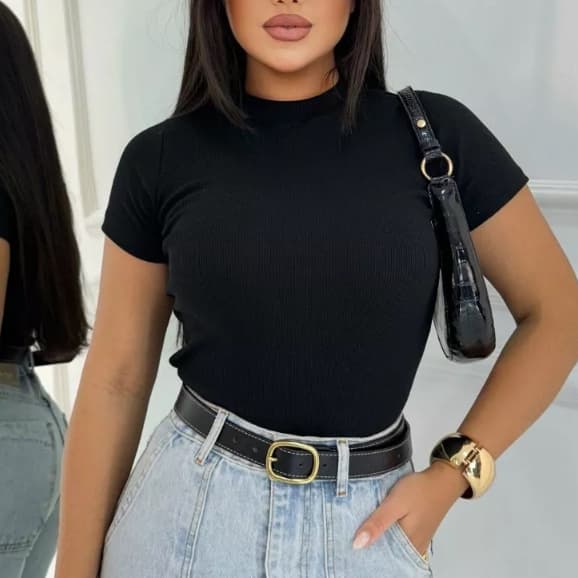 Blusa Manga Curta  Gola Alta  Casual Ribana  Premium  Moda Gringa Basico Camiseta T-Shirt Feminina