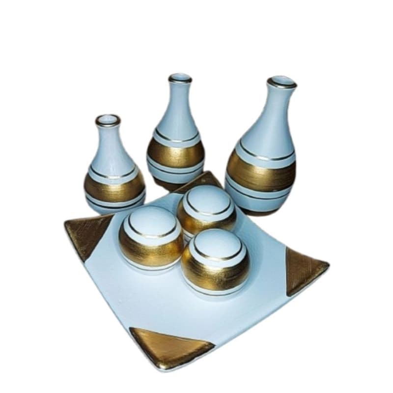 kit Conjunto 7pçs Prato 3 bolas Vasos Cerâmica Enfeite Sala Rack