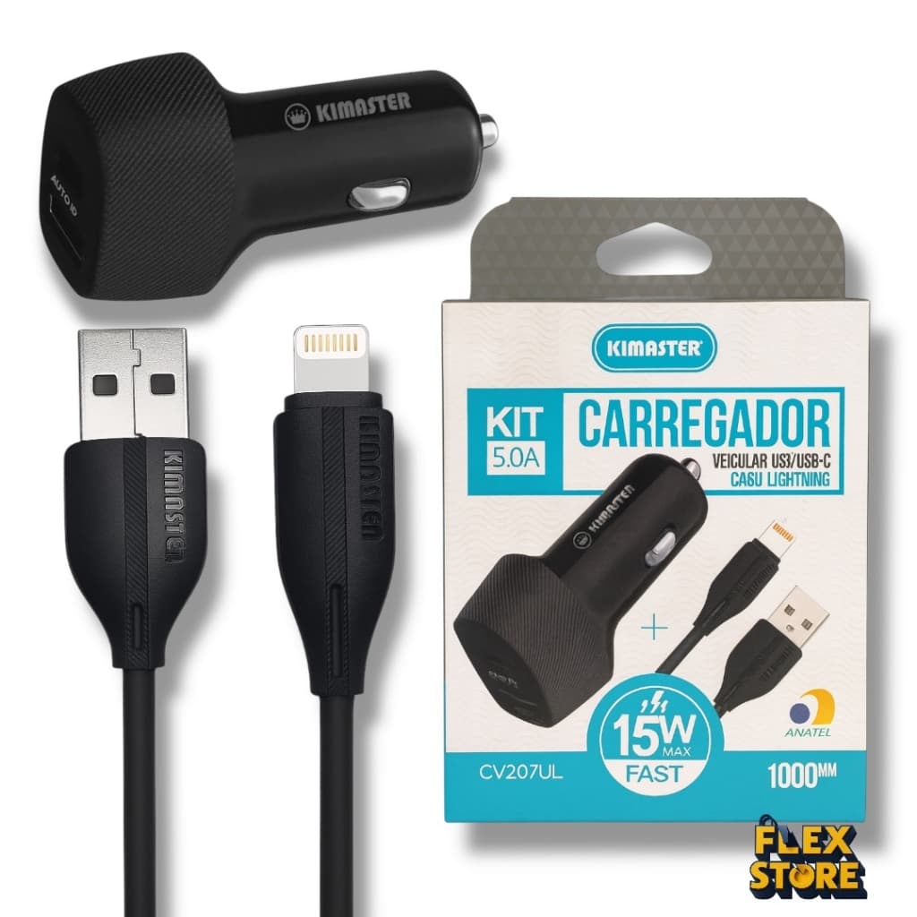 Carregador Veicular Kimaster  CV207UL - 5A 15W Fast + Cabo Lightning 1m / 2 saídas USB/USB-C