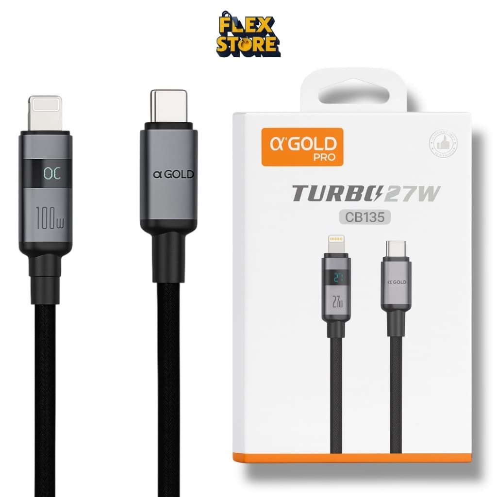 Cabo Carregador Tipo-C para iPhone Lightning α Gold Pro CB135 27W Turbo com Display Digital