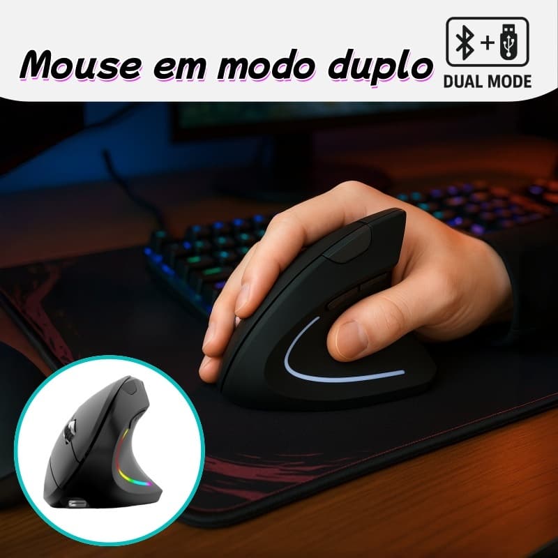 Mouse Vertical Ergonômico Sem Fio Recarregável - Conexão 2.4G + Bluetooth Duplo Modo | Alívio para Punhos