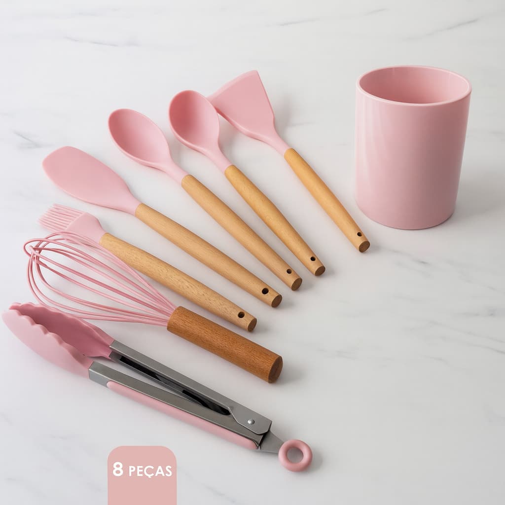 Conjunto Utensilios Silicone Cozinha 8 Pecas Rosa Resistente Antiadherente