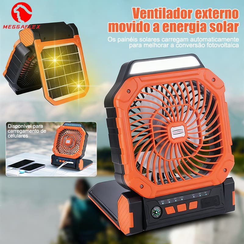 Ventilador Portátil a Energia Solar  Recarrega na Luz do Sol, Bateria Longa Duração 5200mAh com 3 Velocidades e Luz para