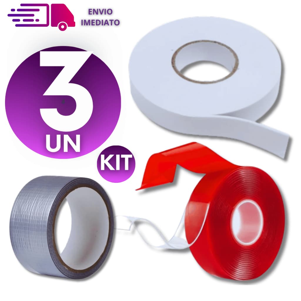 Kit 3 Completo Fitas Dupla Face Transparente Uso Geral + Fita Silver Tape + Fita Dupla Face.