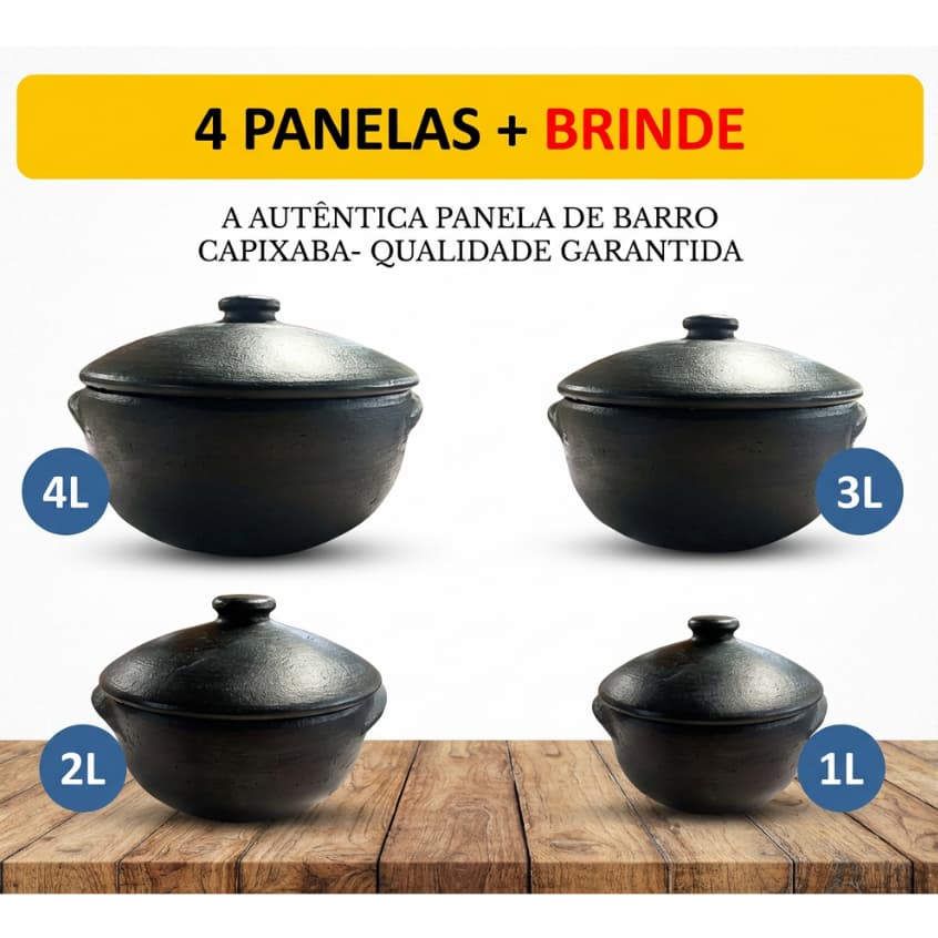 KIT Panela Barro Capixaba Preta- Conjunto C/ 4peças-Moqueca-Arroz-Ensopados/Retém Calor/Fogo Gás/Fogão Lenha