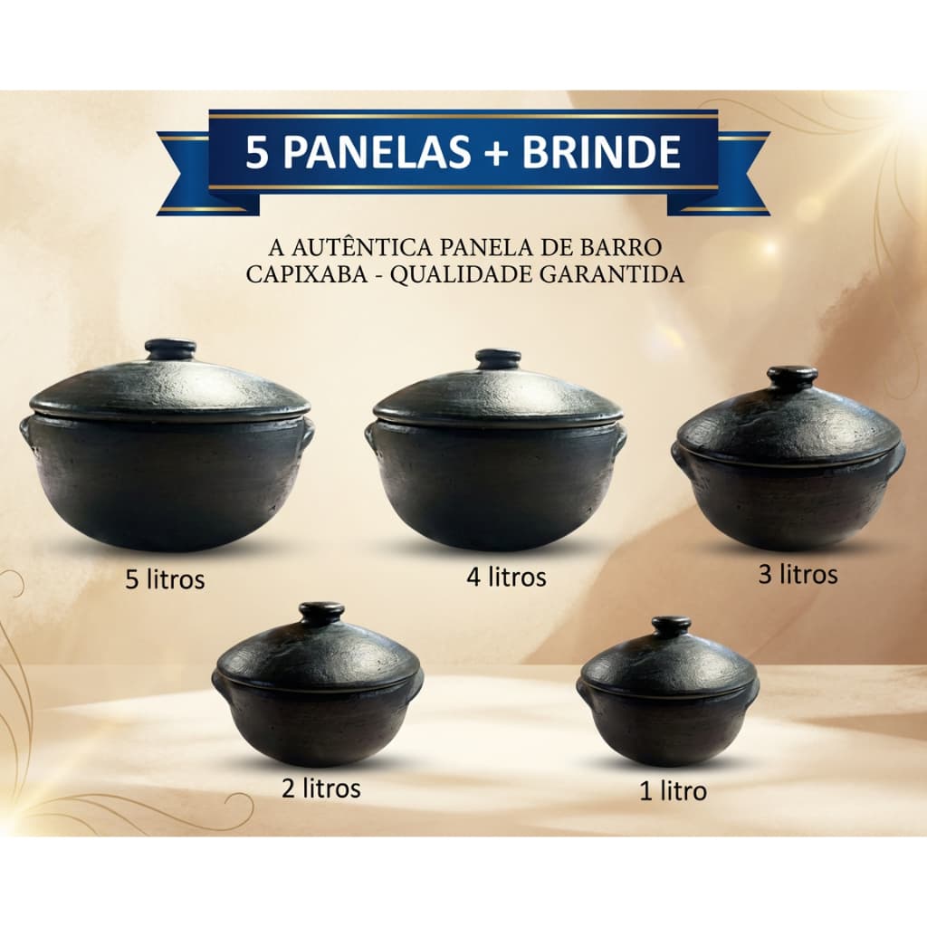 Jogo de Panelas Barro Capixaba Preta- Conjunto C/ 5peças+BRINDE-Moqueca-Arroz-Ensopados/Retém Calor/Fogo Gás/Fogão Lenha