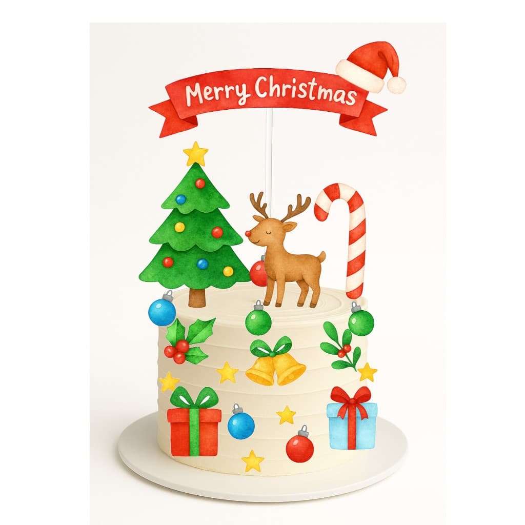 Topo/Topper de Bolo Merry Christmas Aquarela para Natal