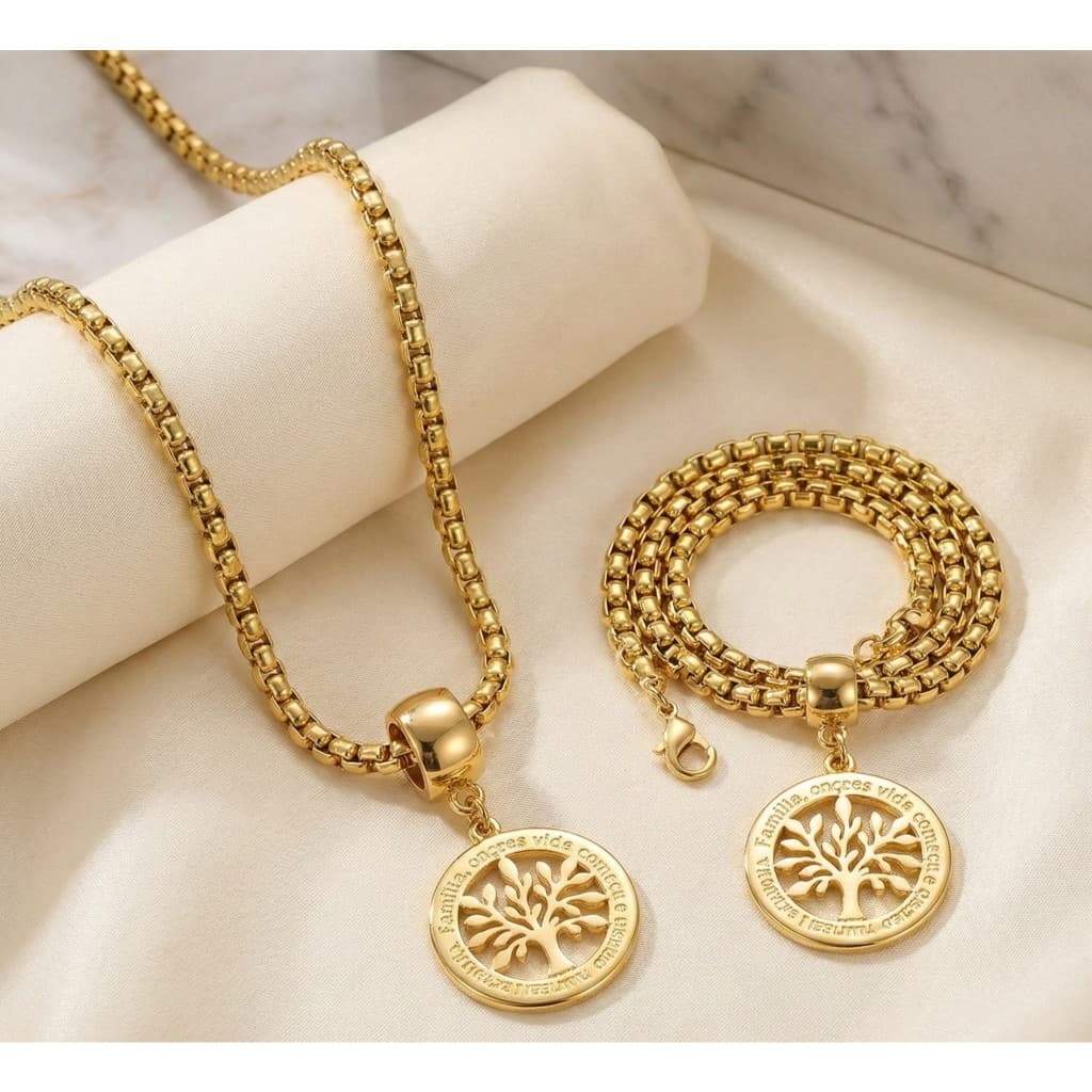 Conjunto Colar e Pulseira Feminina Árvore da Vida Dourada - Folheado alta qualidade