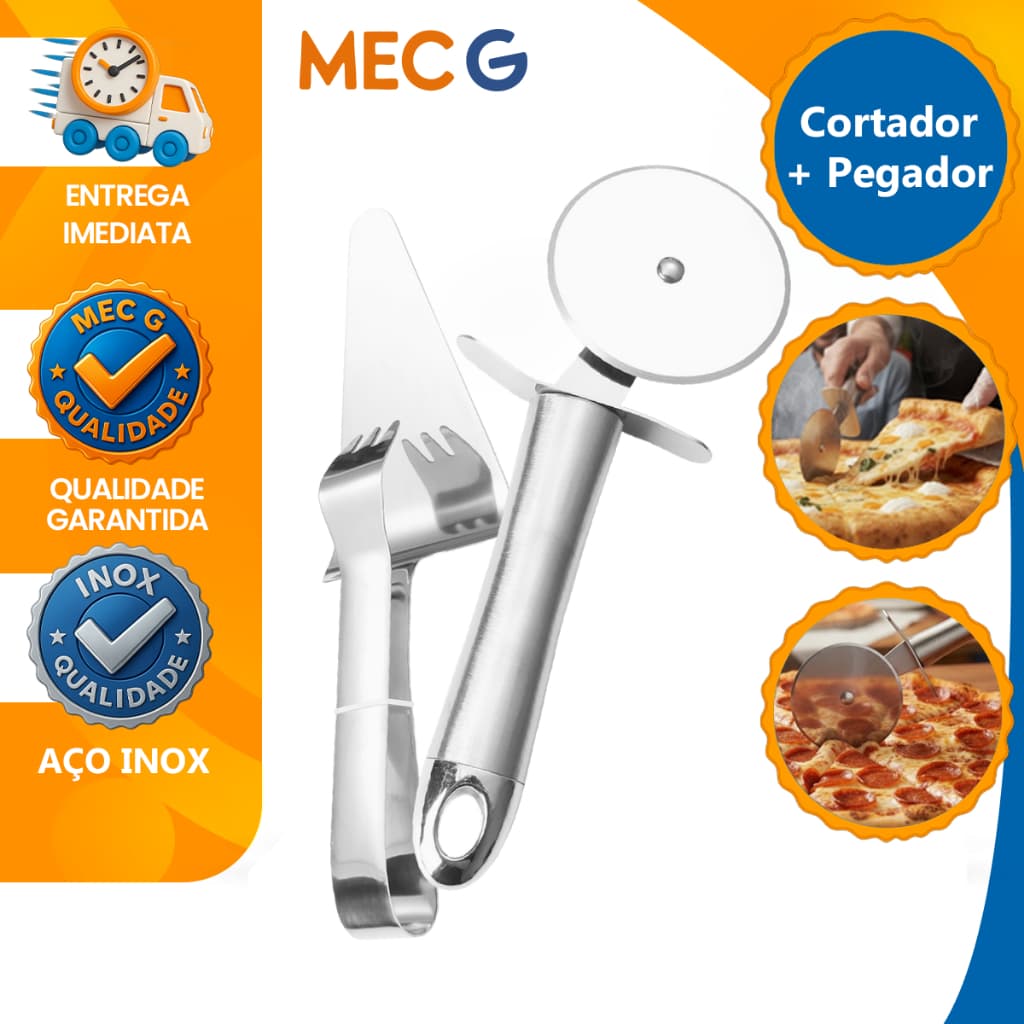 Kit Pegador Espátula Cortador de Pizza Aço Inox Mec g Essencials Corta Fácil Cortador de Massa
