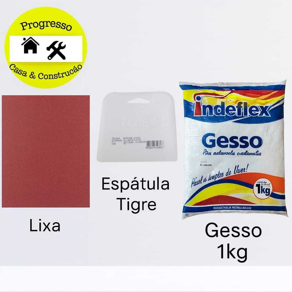 Kit Gesso 1kg Indeflex + Espátula Tigre + Lixa para Massa | Acabamento e Reforma