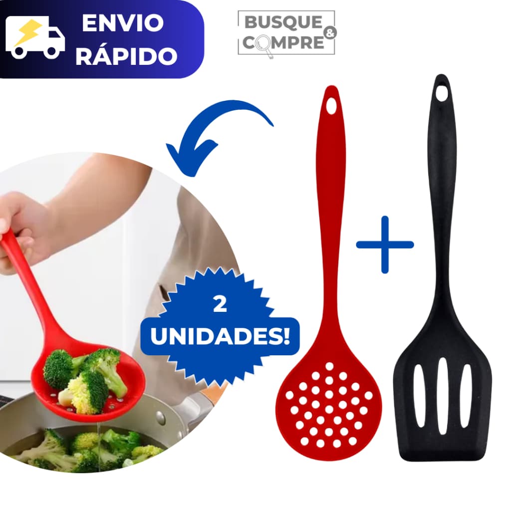 Kit Escumadeira de Silicone para Arroz + Espátula Vazada de Silicone para Hamburguer Utensilio