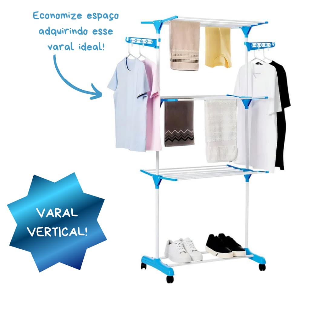 Varal Vertical Multi Varal De Chão Com Bandejas 3 Andares Cabideiro