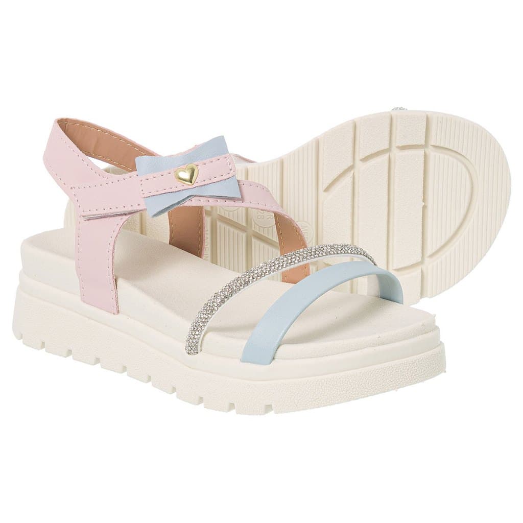 Sandália Infantil Feminina com Tiras de Brilho – Laço com Coração e Confortavel Para Meninas