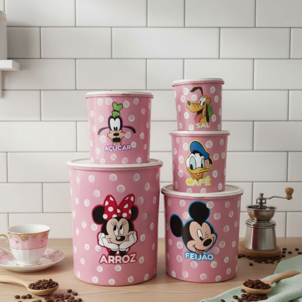 Kit 5 Peças Jogo de Mantimento Plástico Pote Decorado Minnie Adesivado Organizadores