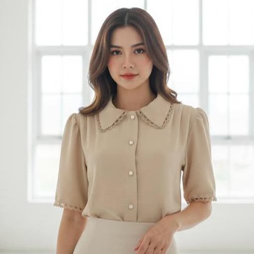Blusa Feminina Camisa Manga Bufante com Renda e Botão Pérola Moda Evangélica Social Elegante