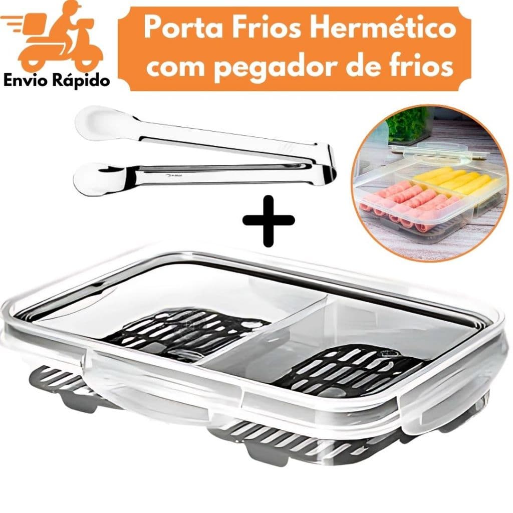 Pote Hermético Porta Frios Com Escorredor Tampa Trava 2 Divisórias Retangular + Pegador de Frios Inox