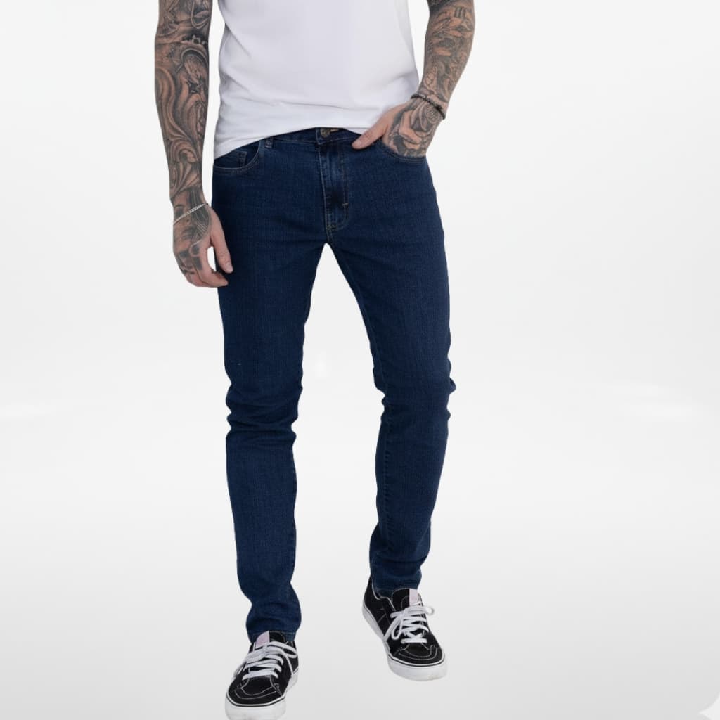 Calça Jeans Masculina Super Skinny Azul Dark Premium Elastano Power Ajuste Perfeito Confortável Alta Qualidade Durável