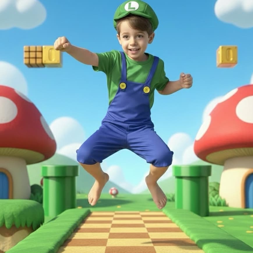 Fantasia Luigi Infantil com Chapéu Super Mario World – Envio Imediato