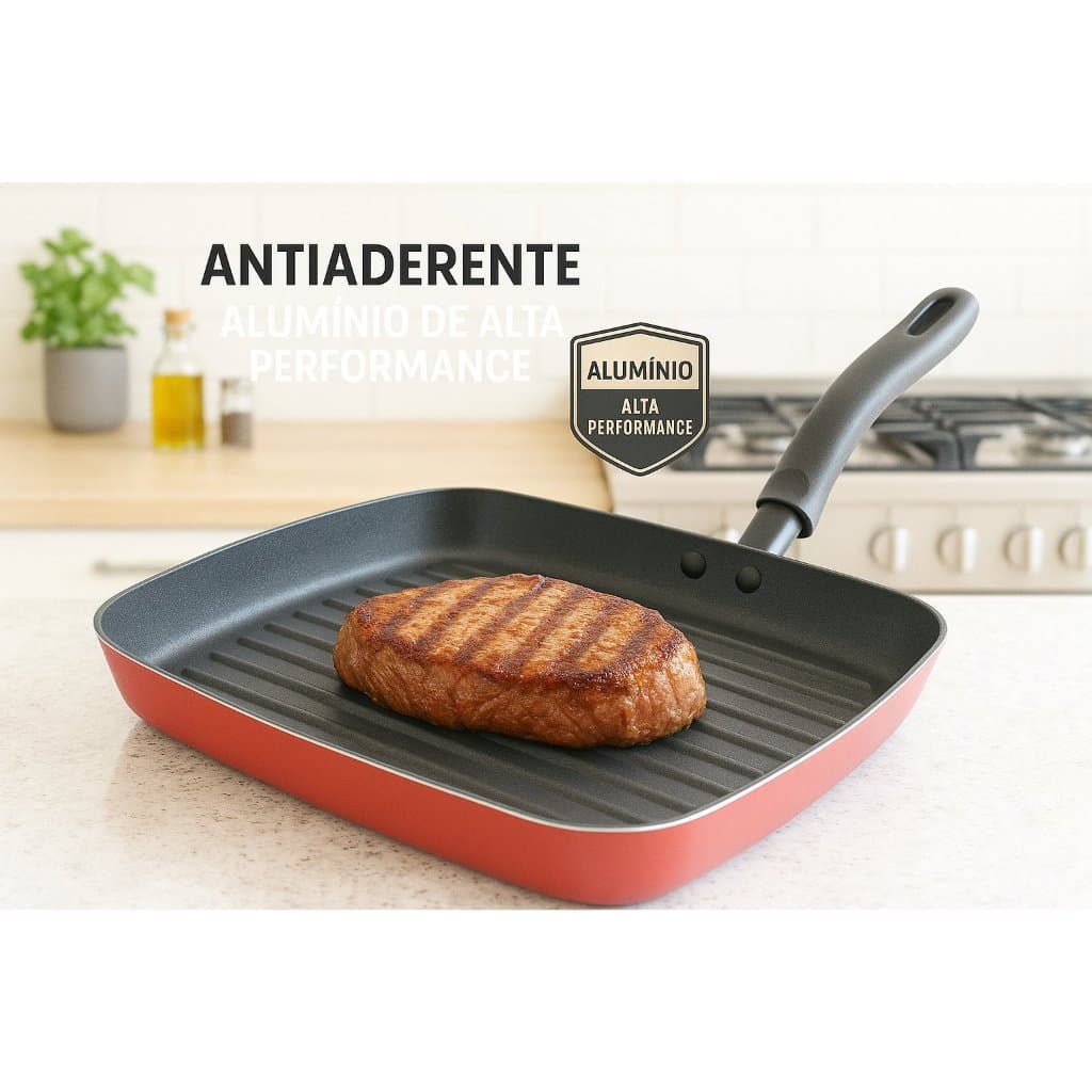 Frigideira Antiaderente Bifeteira Grill Teflon Alta Durabilidade Cozinha Pratica Versatil